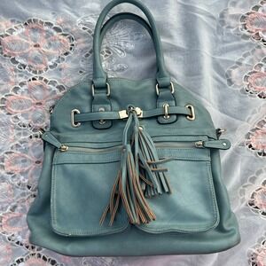 Downeast Womens Satchel Handbag Large Blue Tassel Faux Leather Boho Cottagecore